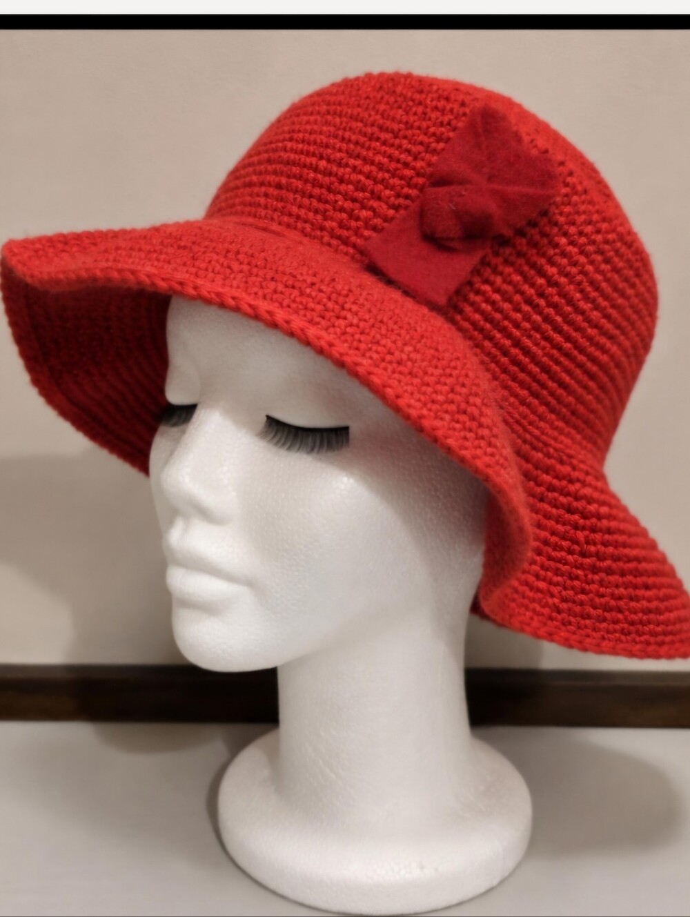 Vintage Handmade Red Crochet Wide Brim Sun Hat Boho Cottagecore Floppy Hat
